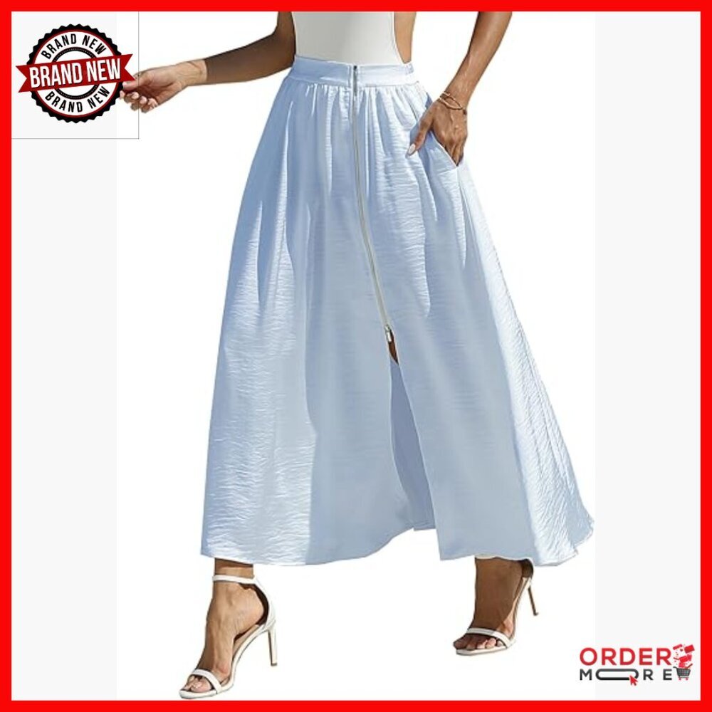 Satin Maxi Skirt with Pockets, Zip Wrap, Elastic Waist for Formal Work Wedding